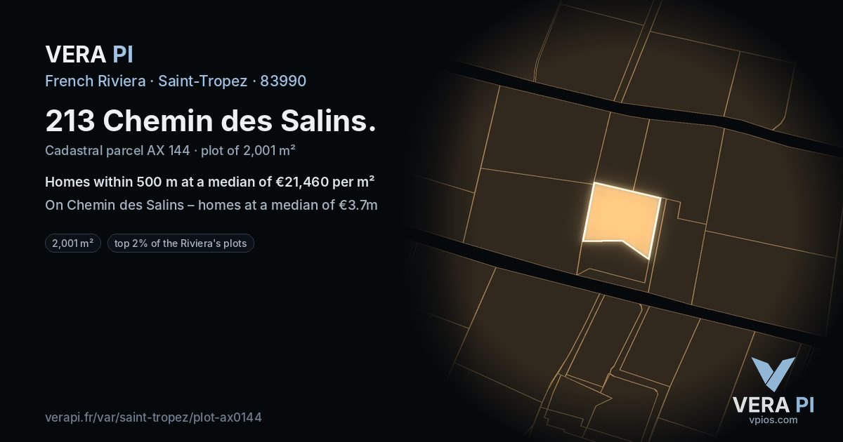 213 Chemin des Salins, Saint-Tropez at night – the plot lit, the parcels around coloured by the prices near them
