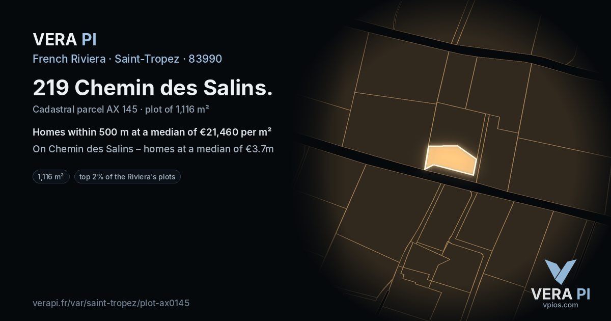 219 Chemin des Salins, Saint-Tropez at night – the plot lit, the parcels around coloured by the prices near them