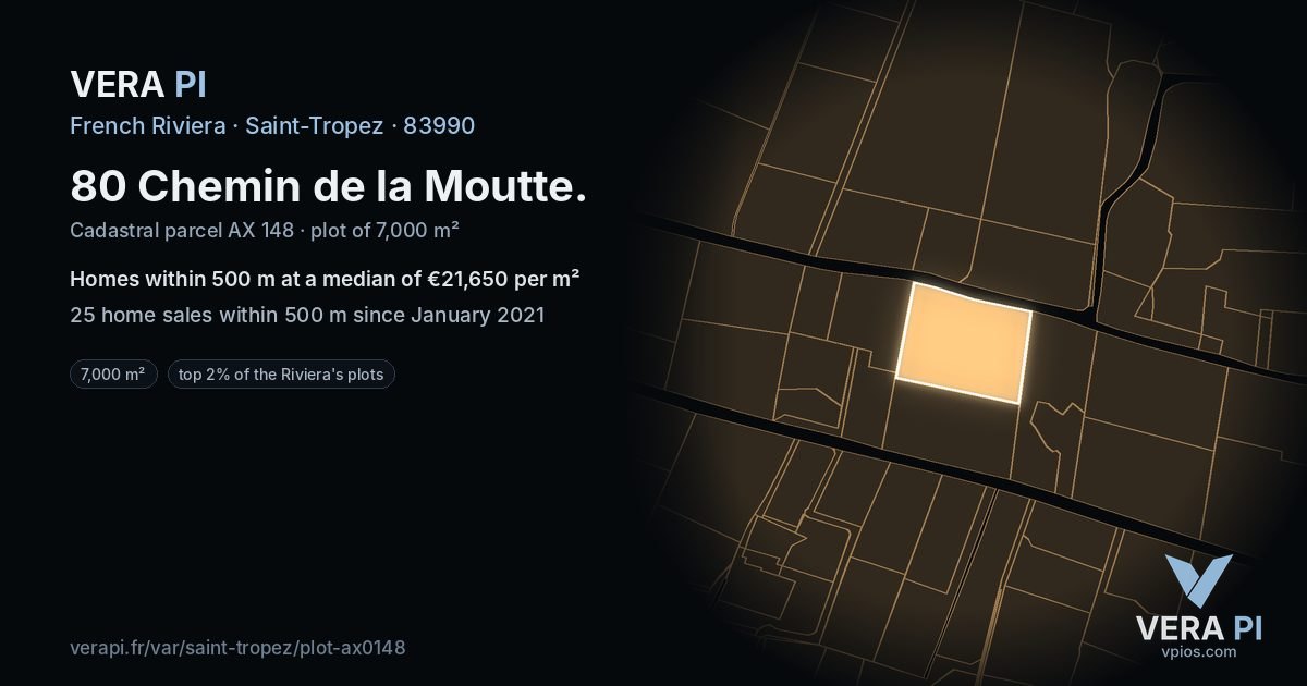80 Chemin de la Moutte, Saint-Tropez at night – the plot lit, the parcels around coloured by the prices near them