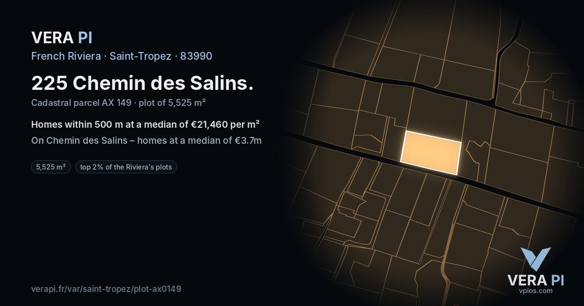 225 Chemin des Salins, Saint-Tropez at night – the plot lit, the parcels around coloured by the prices near them
