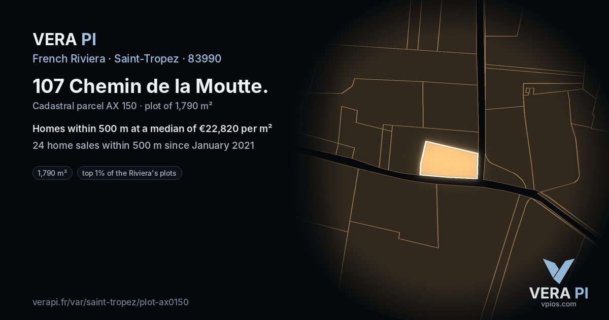 107 Chemin de la Moutte, Saint-Tropez at night – the plot lit, the parcels around coloured by the prices near them
