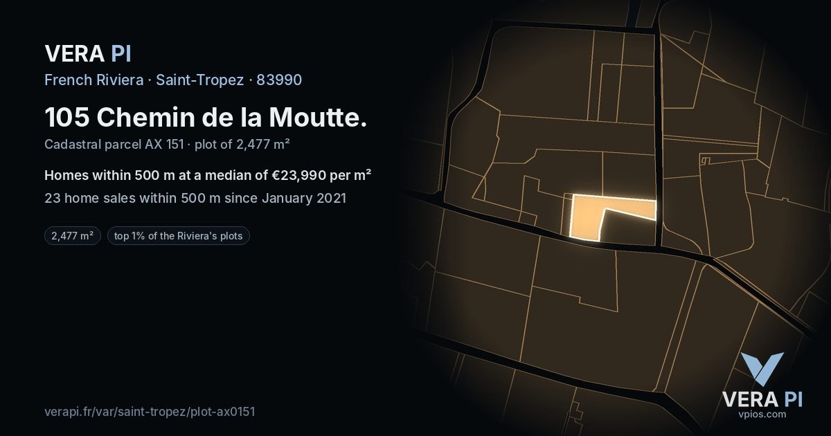 105 Chemin de la Moutte, Saint-Tropez at night – the plot lit, the parcels around coloured by the prices near them