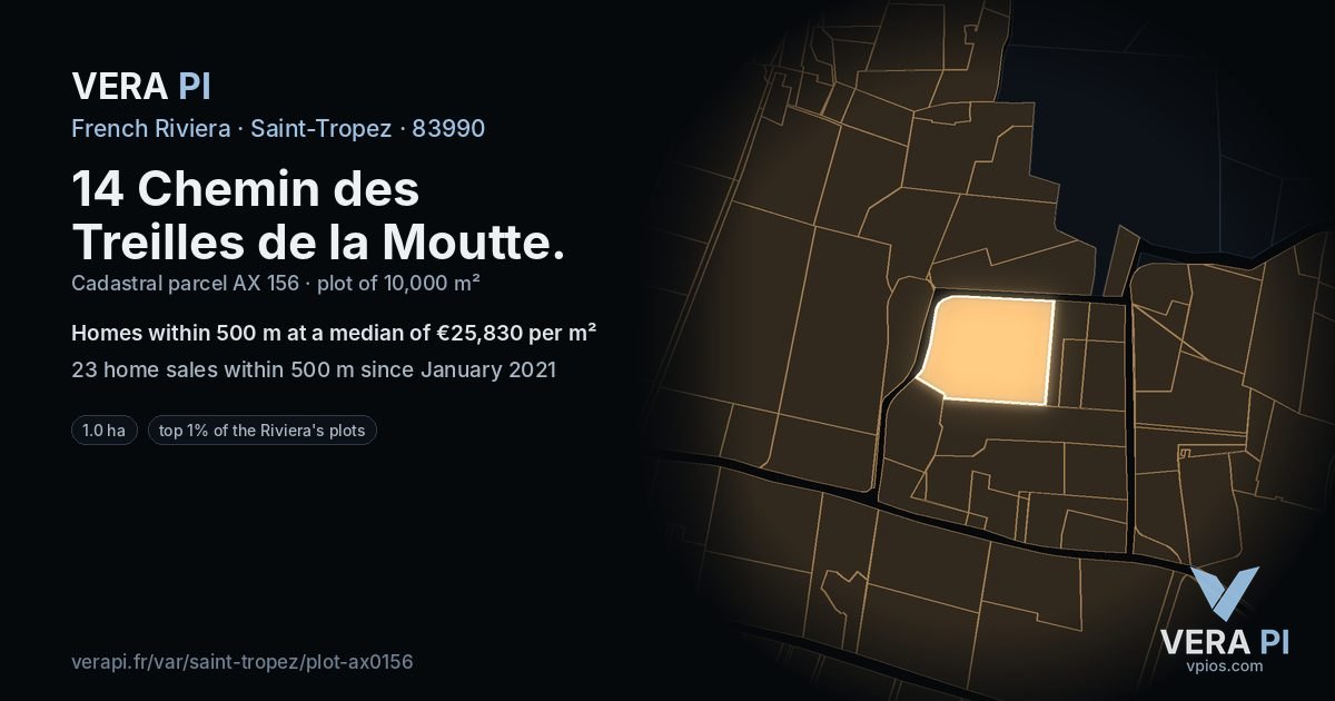 14 Chemin des Treilles de la Moutte, Saint-Tropez at night – the plot lit, the parcels around coloured by the prices near them