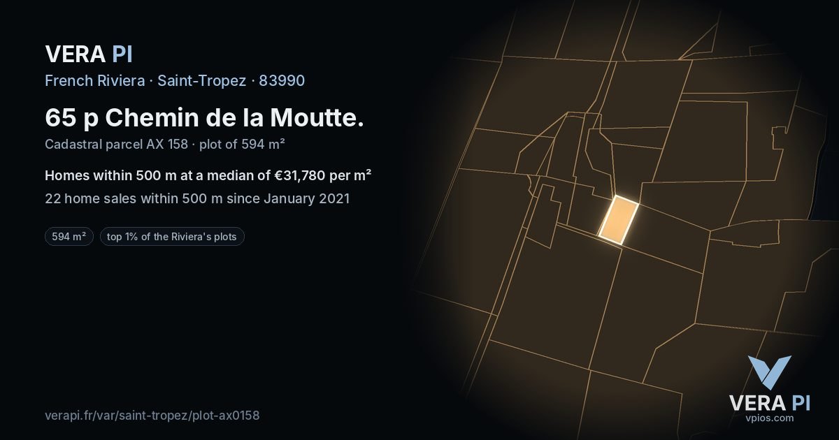 65 p Chemin de la Moutte, Saint-Tropez at night – the plot lit, the parcels around coloured by the prices near them