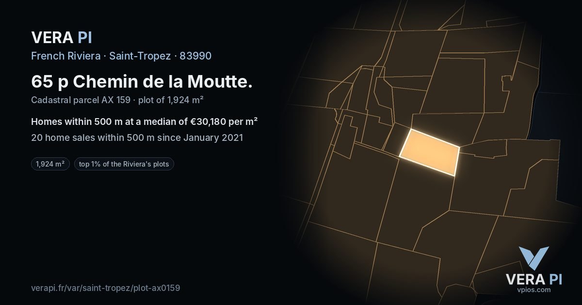 65 p Chemin de la Moutte, Saint-Tropez at night – the plot lit, the parcels around coloured by the prices near them
