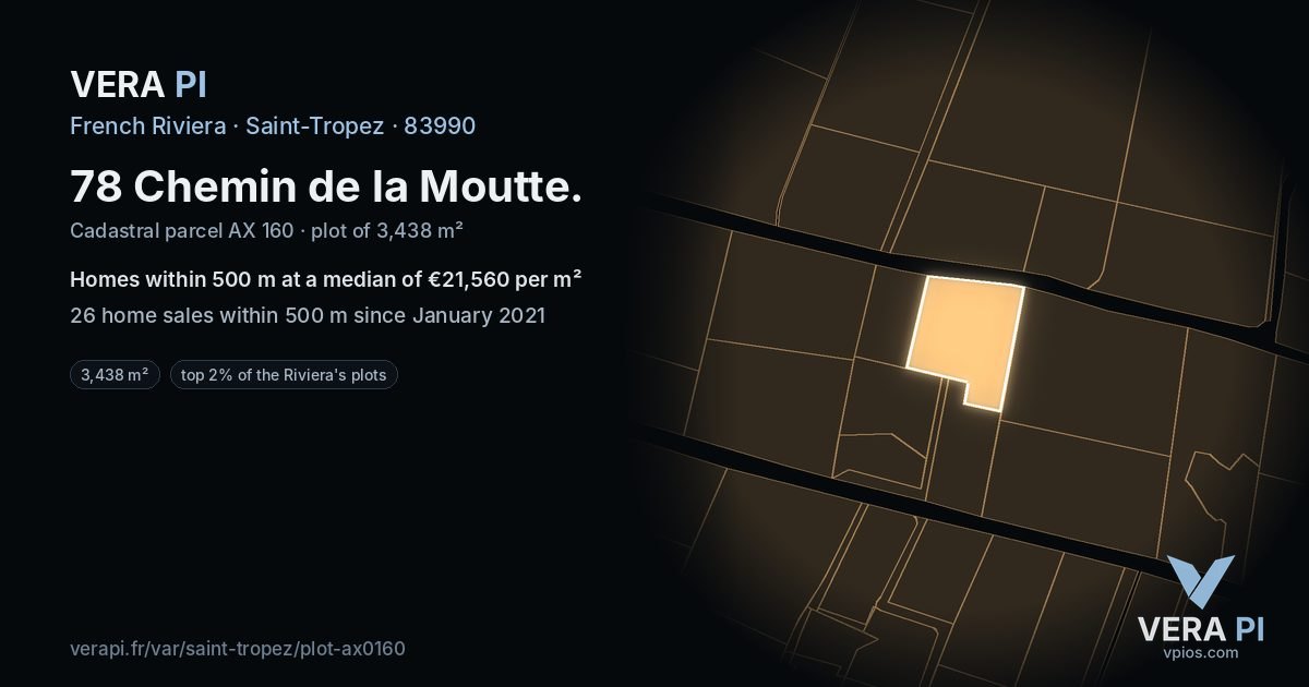78 Chemin de la Moutte, Saint-Tropez at night – the plot lit, the parcels around coloured by the prices near them