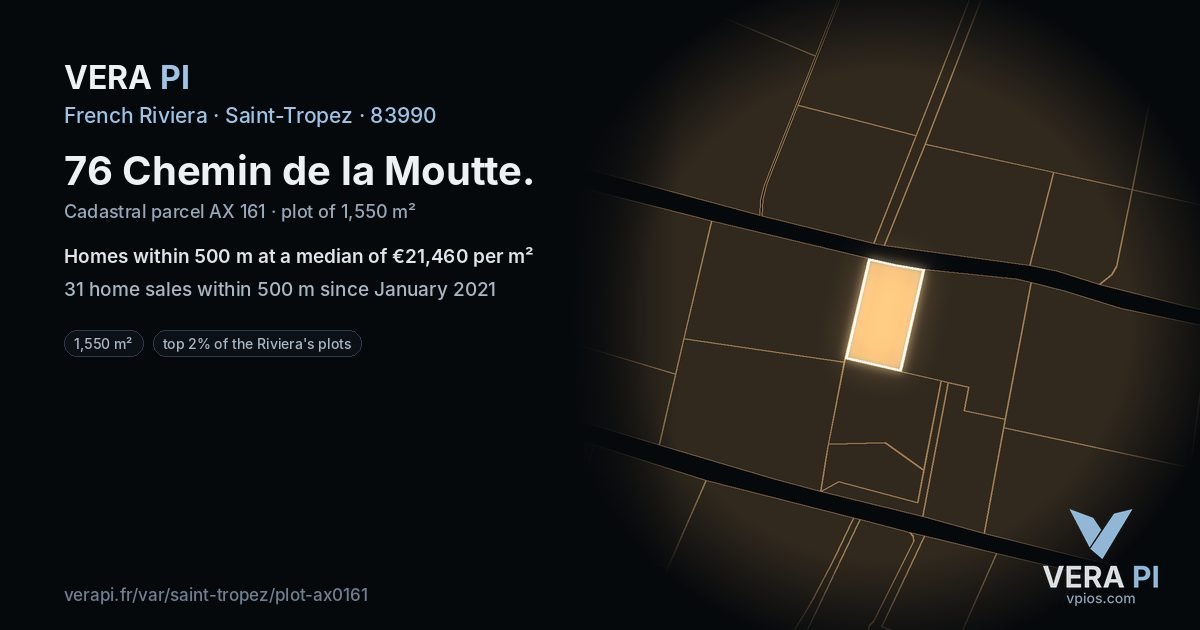 76 Chemin de la Moutte, Saint-Tropez at night – the plot lit, the parcels around coloured by the prices near them