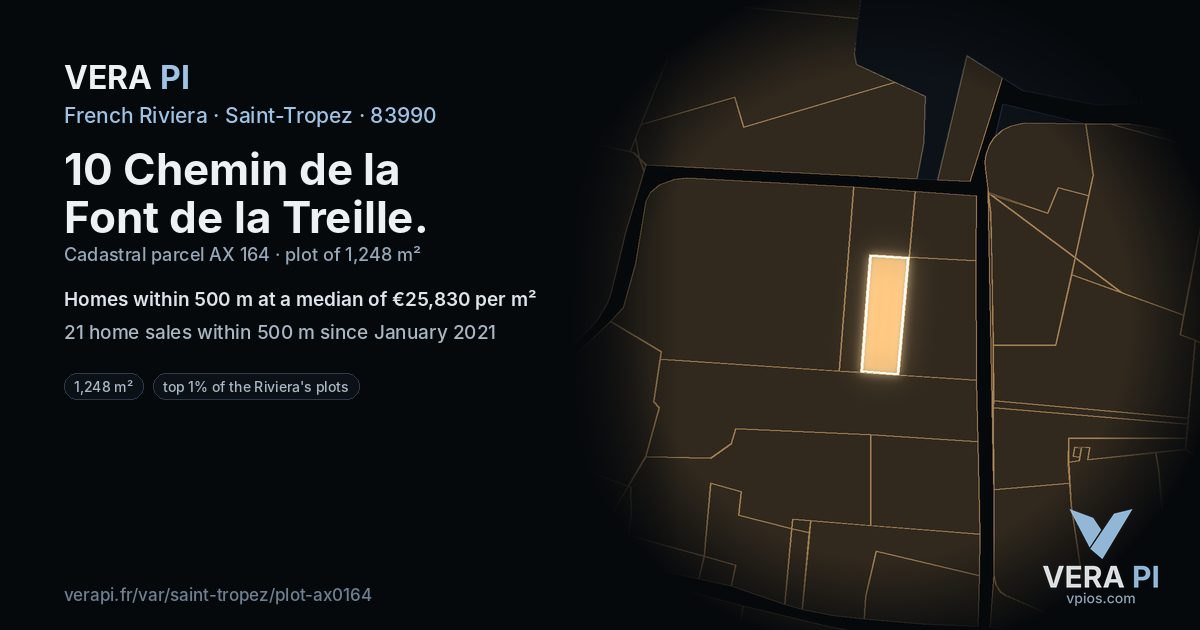 10 Chemin de la Font de la Treille, Saint-Tropez at night – the plot lit, the parcels around coloured by the prices near them