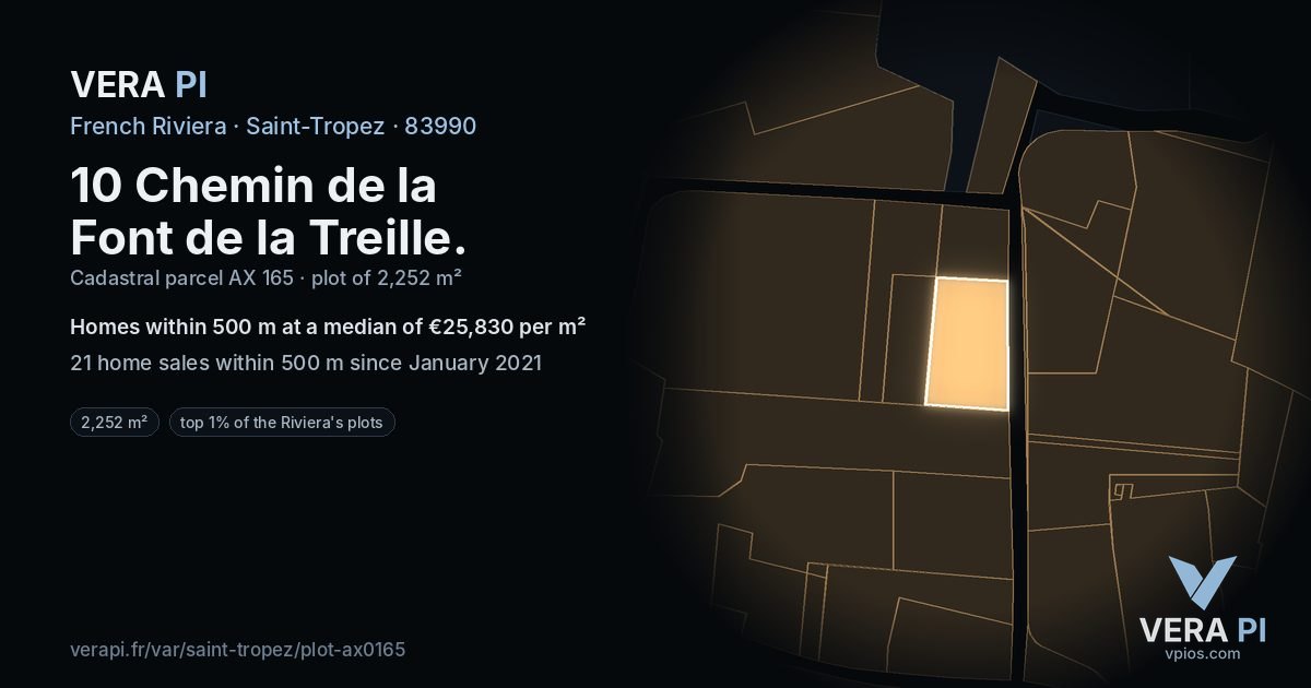 10 Chemin de la Font de la Treille, Saint-Tropez at night – the plot lit, the parcels around coloured by the prices near them