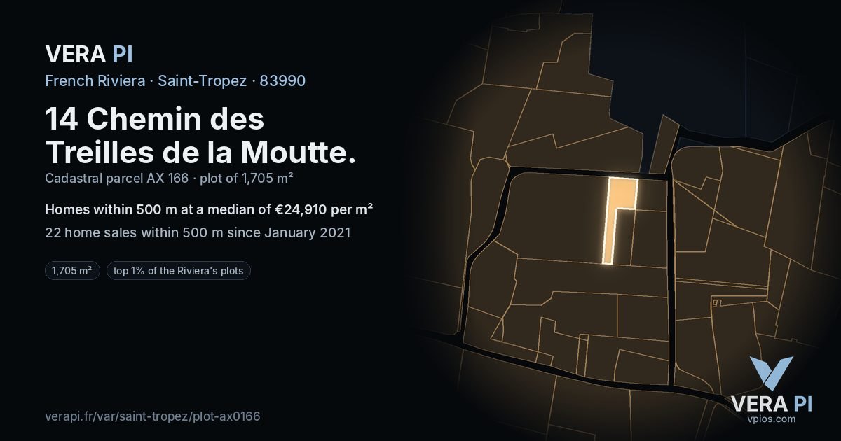14 Chemin des Treilles de la Moutte, Saint-Tropez at night – the plot lit, the parcels around coloured by the prices near them