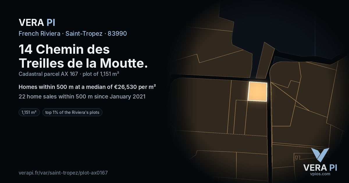 14 Chemin des Treilles de la Moutte, Saint-Tropez at night – the plot lit, the parcels around coloured by the prices near them