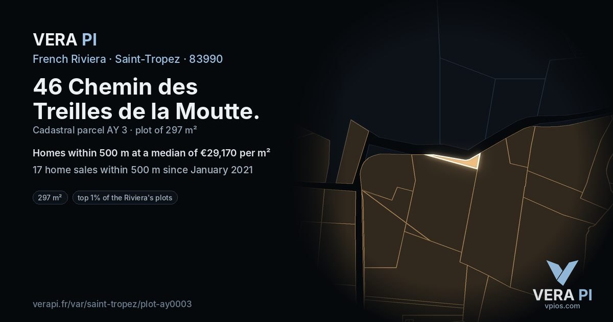 46 Chemin des Treilles de la Moutte, Saint-Tropez at night – the plot lit, the parcels around coloured by the prices near them