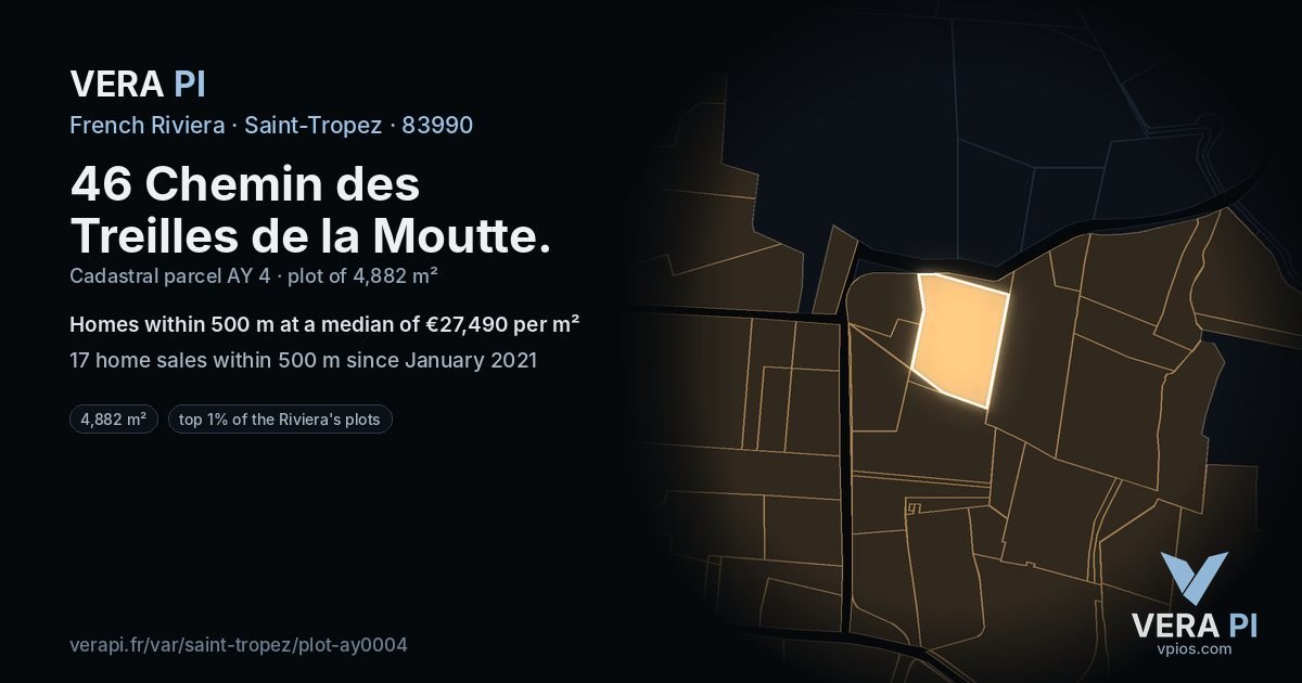 46 Chemin des Treilles de la Moutte, Saint-Tropez at night – the plot lit, the parcels around coloured by the prices near them