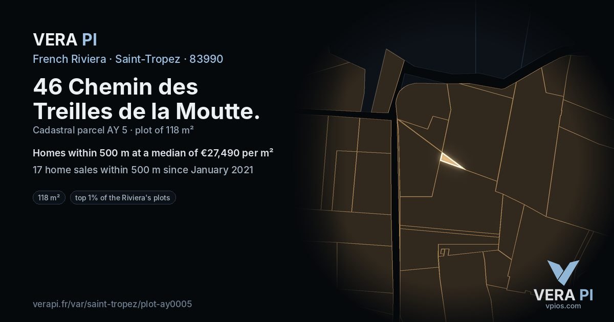 46 Chemin des Treilles de la Moutte, Saint-Tropez at night – the plot lit, the parcels around coloured by the prices near them