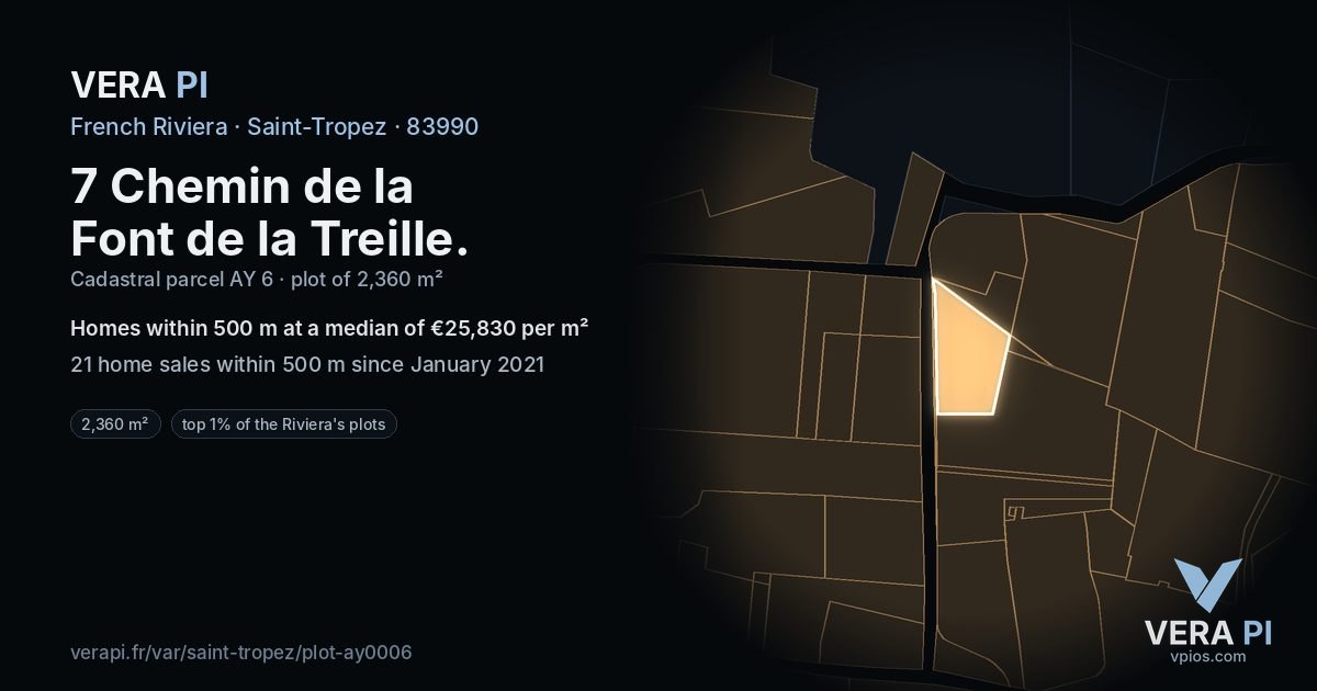 7 Chemin de la Font de la Treille, Saint-Tropez at night – the plot lit, the parcels around coloured by the prices near them