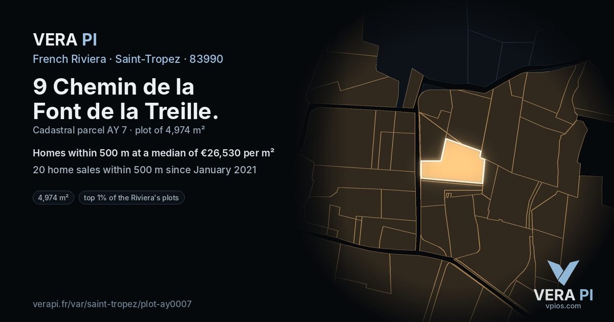 9 Chemin de la Font de la Treille, Saint-Tropez at night – the plot lit, the parcels around coloured by the prices near them