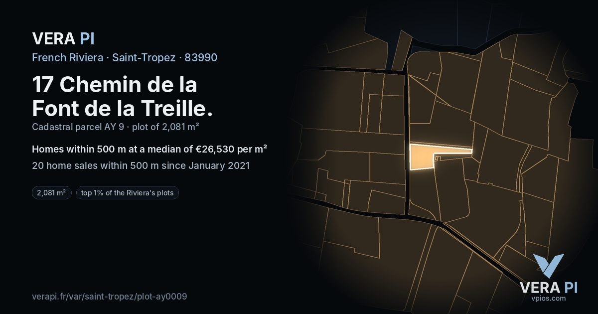 17 Chemin de la Font de la Treille, Saint-Tropez at night – the plot lit, the parcels around coloured by the prices near them