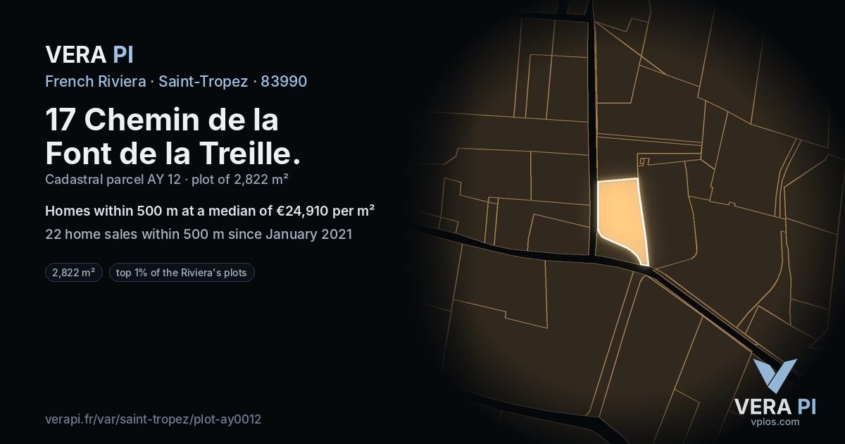 17 Chemin de la Font de la Treille, Saint-Tropez at night – the plot lit, the parcels around coloured by the prices near them