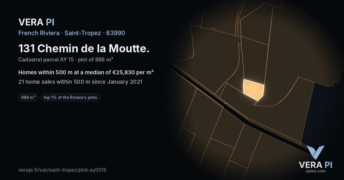 131 Chemin de la Moutte, Saint-Tropez at night – the plot lit, the parcels around coloured by the prices near them