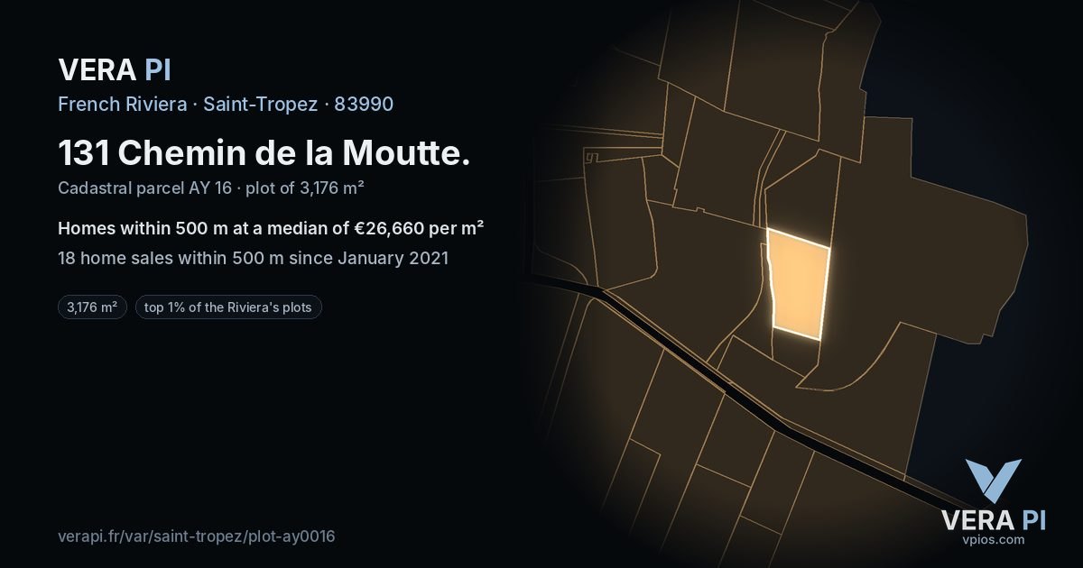 131 Chemin de la Moutte, Saint-Tropez at night – the plot lit, the parcels around coloured by the prices near them