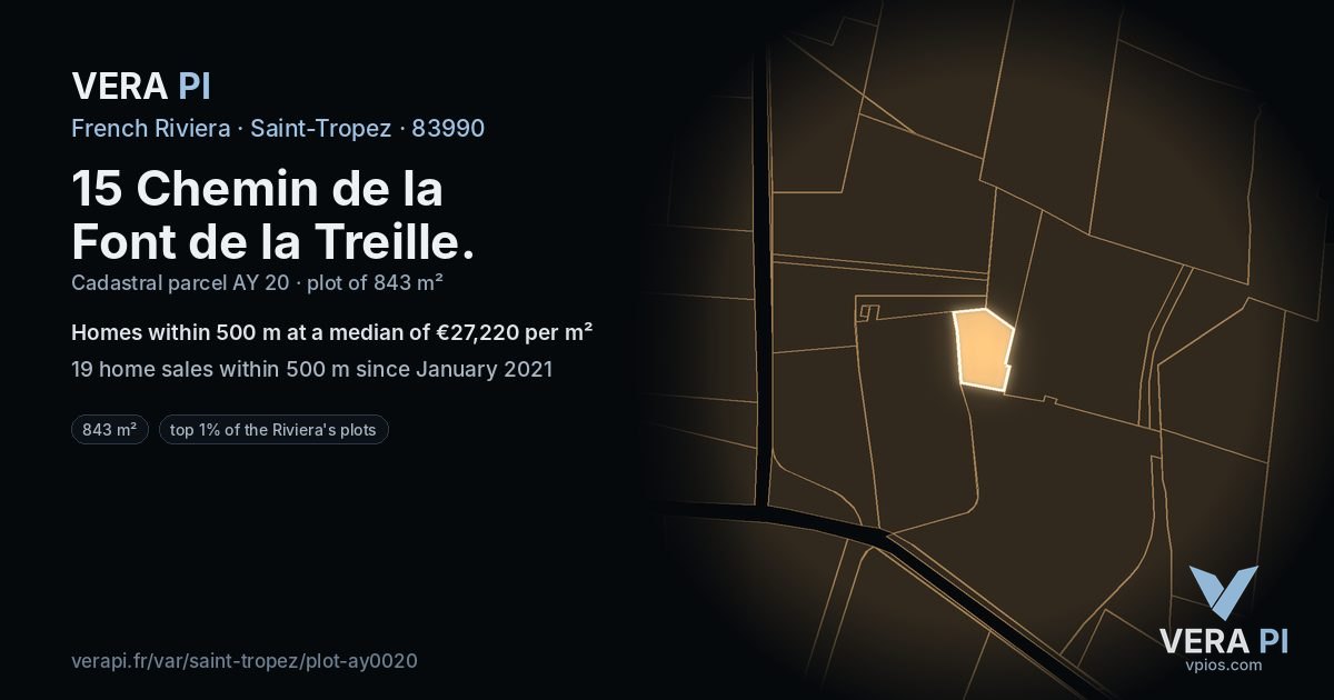 15 Chemin de la Font de la Treille, Saint-Tropez at night – the plot lit, the parcels around coloured by the prices near them