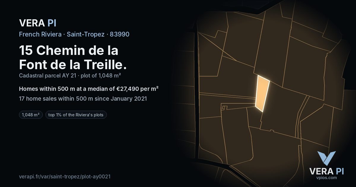 15 Chemin de la Font de la Treille, Saint-Tropez at night – the plot lit, the parcels around coloured by the prices near them