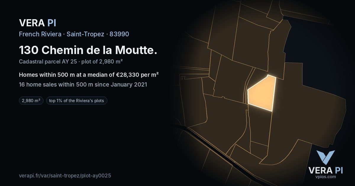 130 Chemin de la Moutte, Saint-Tropez at night – the plot lit, the parcels around coloured by the prices near them