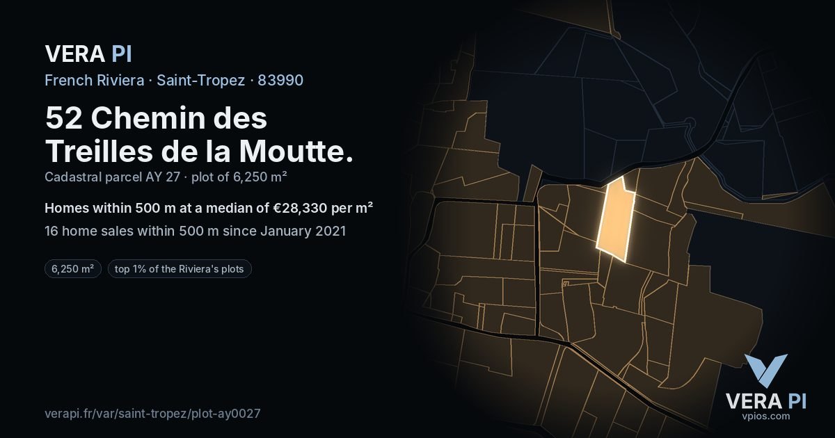 52 Chemin des Treilles de la Moutte, Saint-Tropez at night – the plot lit, the parcels around coloured by the prices near them