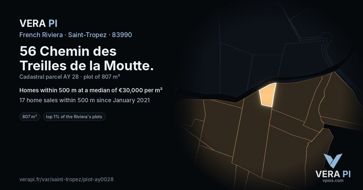 56 Chemin des Treilles de la Moutte, Saint-Tropez at night – the plot lit, the parcels around coloured by the prices near them
