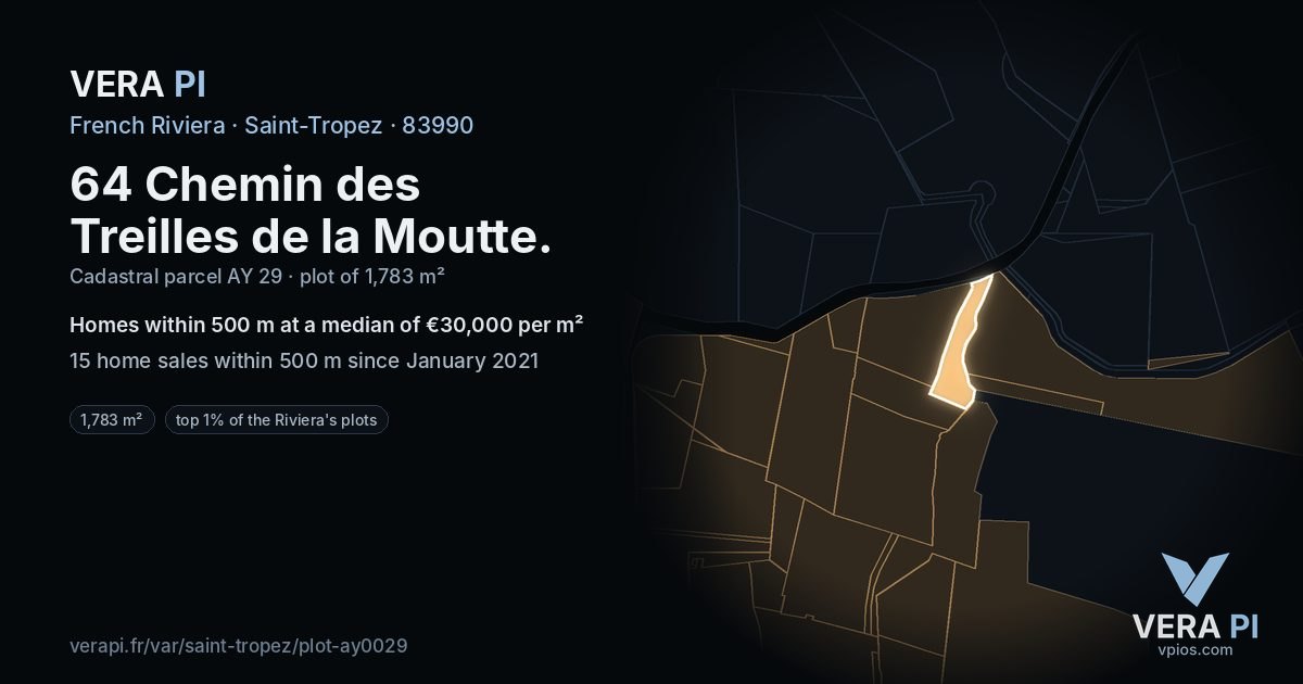 64 Chemin des Treilles de la Moutte, Saint-Tropez at night – the plot lit, the parcels around coloured by the prices near them