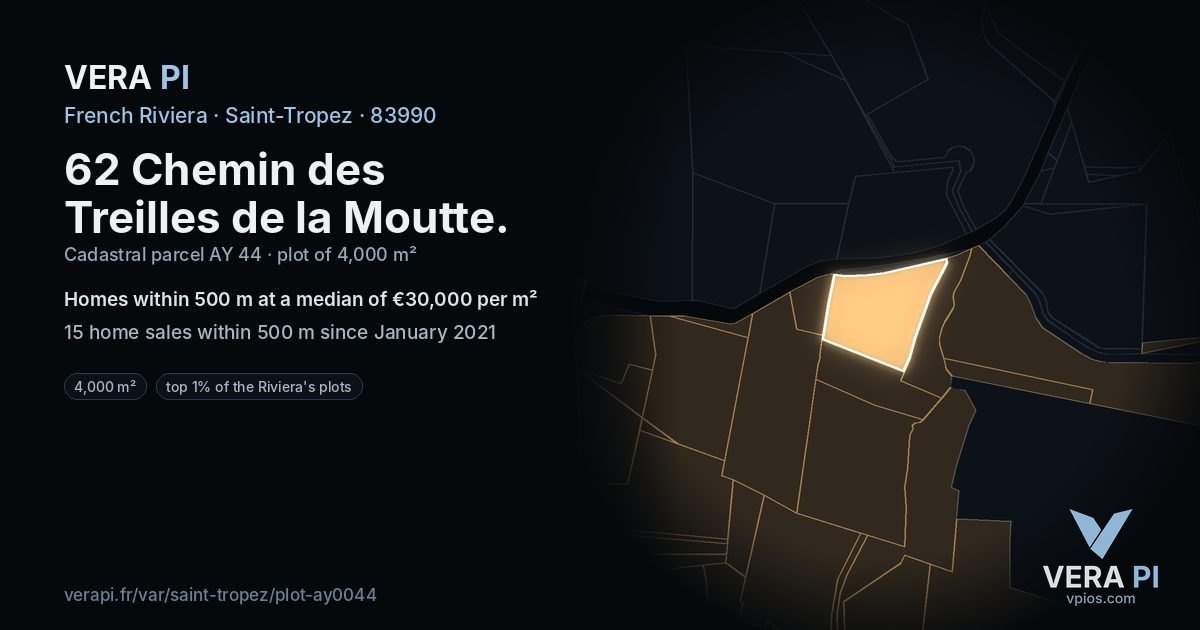 62 Chemin des Treilles de la Moutte, Saint-Tropez at night – the plot lit, the parcels around coloured by the prices near them