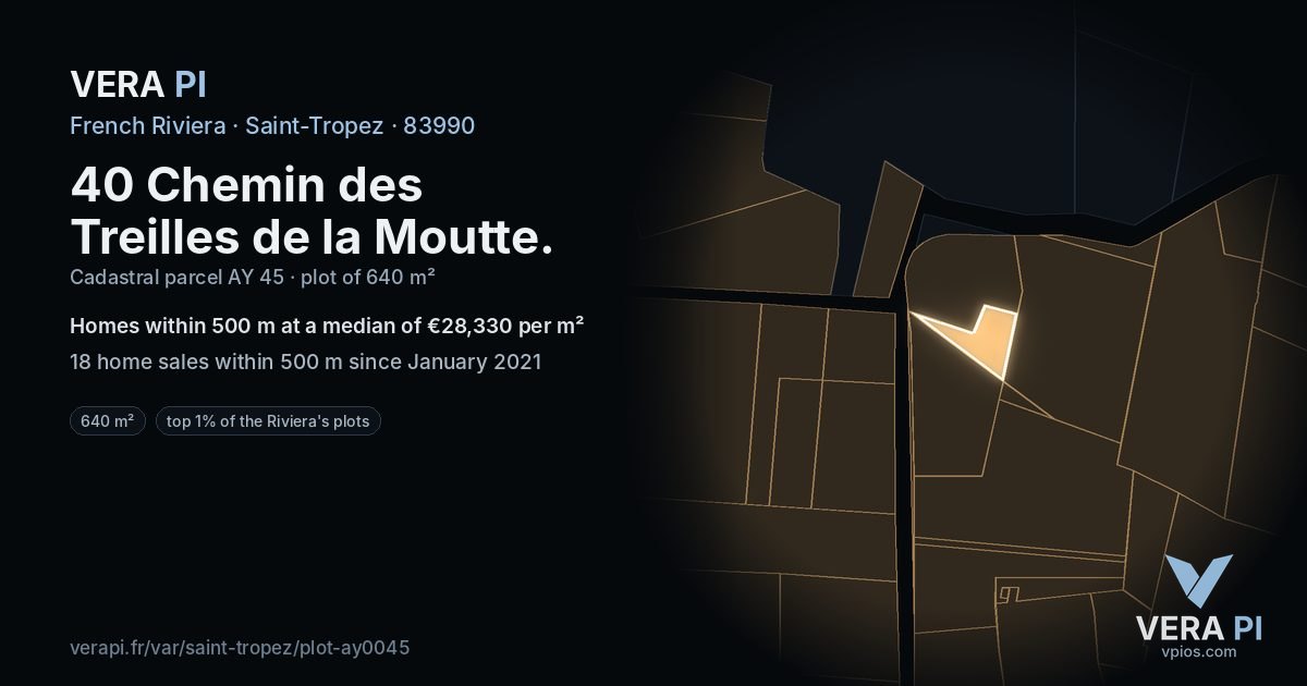 40 Chemin des Treilles de la Moutte, Saint-Tropez at night – the plot lit, the parcels around coloured by the prices near them