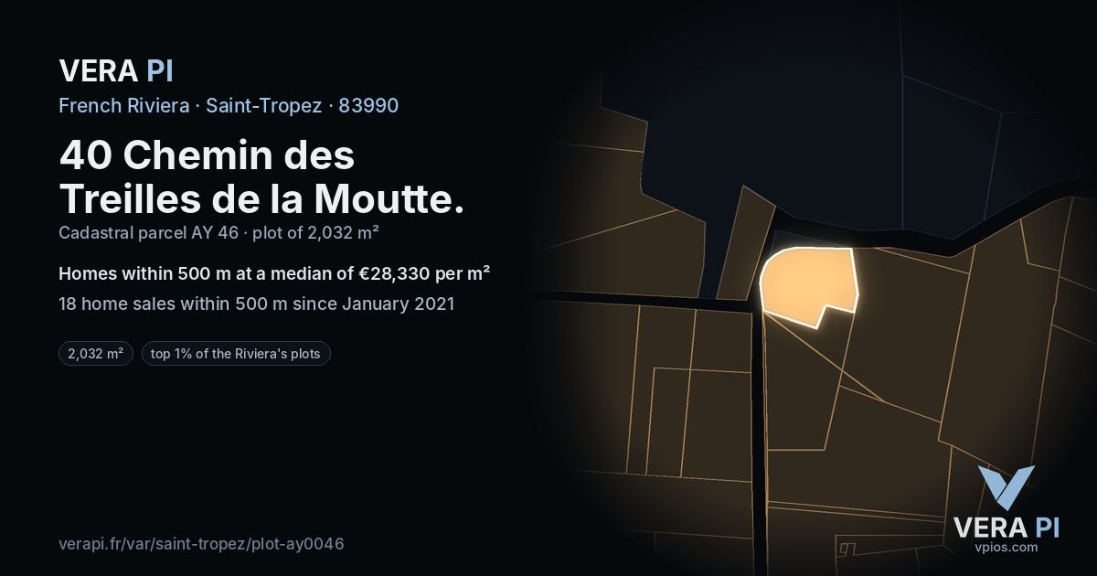 40 Chemin des Treilles de la Moutte, Saint-Tropez at night – the plot lit, the parcels around coloured by the prices near them