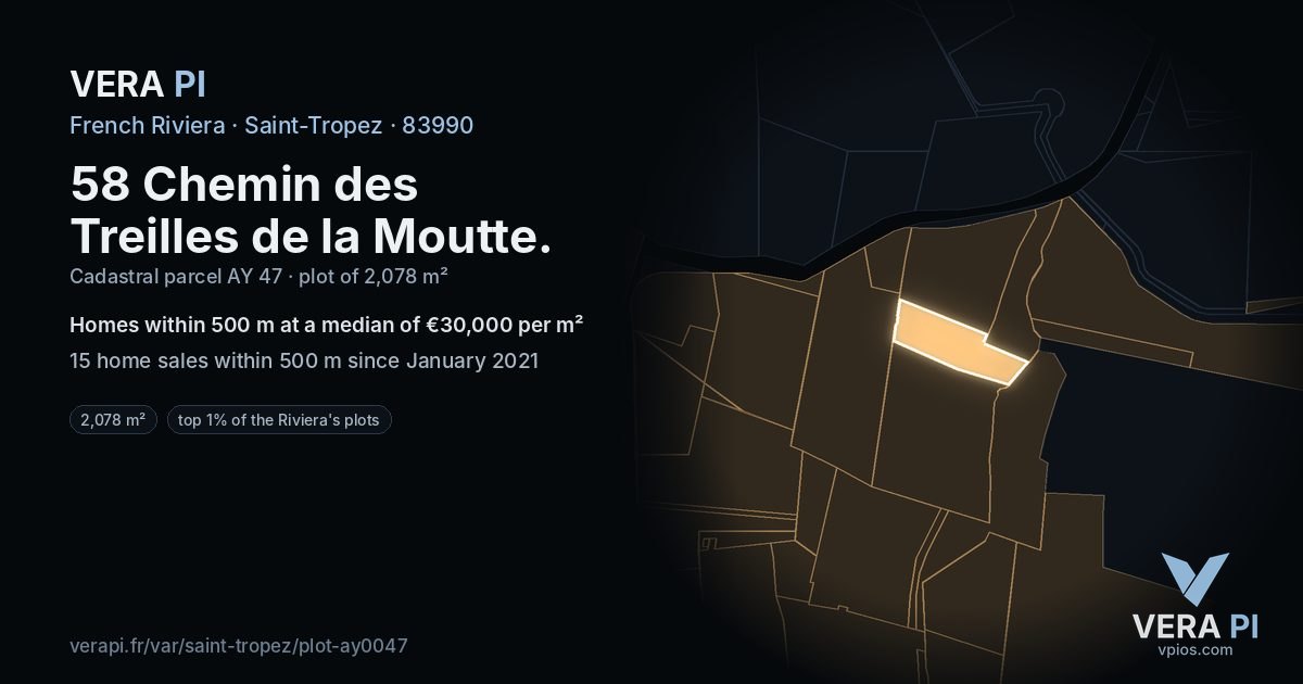 58 Chemin des Treilles de la Moutte, Saint-Tropez at night – the plot lit, the parcels around coloured by the prices near them