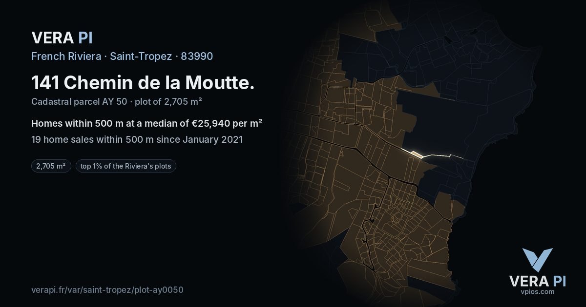 141 Chemin de la Moutte, Saint-Tropez at night – the plot lit, the parcels around coloured by the prices near them