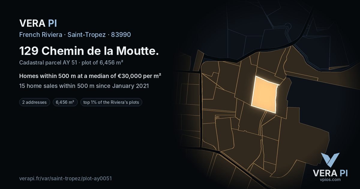 129 Chemin de la Moutte, Saint-Tropez at night – the plot lit, the parcels around coloured by the prices near them