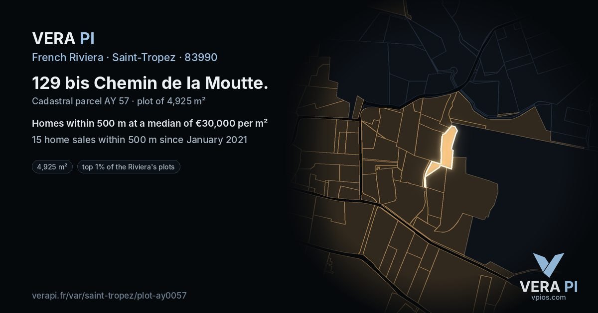 129 bis Chemin de la Moutte, Saint-Tropez at night – the plot lit, the parcels around coloured by the prices near them