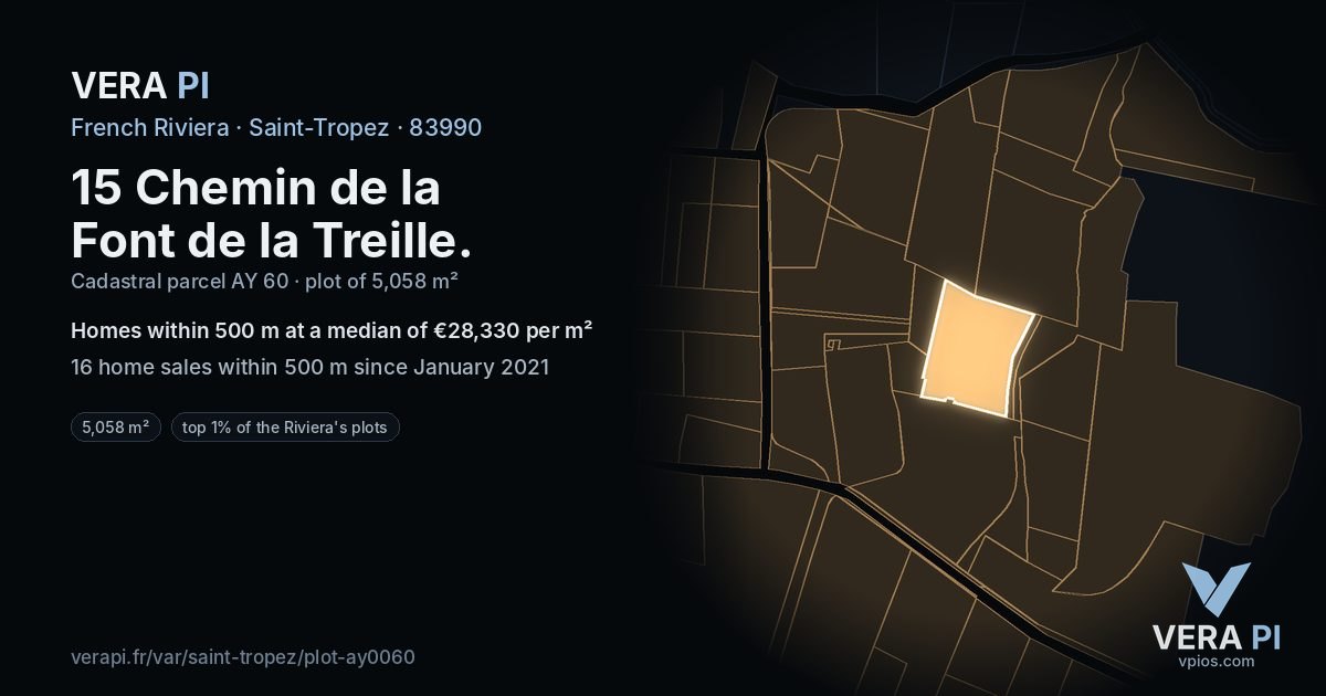 15 Chemin de la Font de la Treille, Saint-Tropez at night – the plot lit, the parcels around coloured by the prices near them