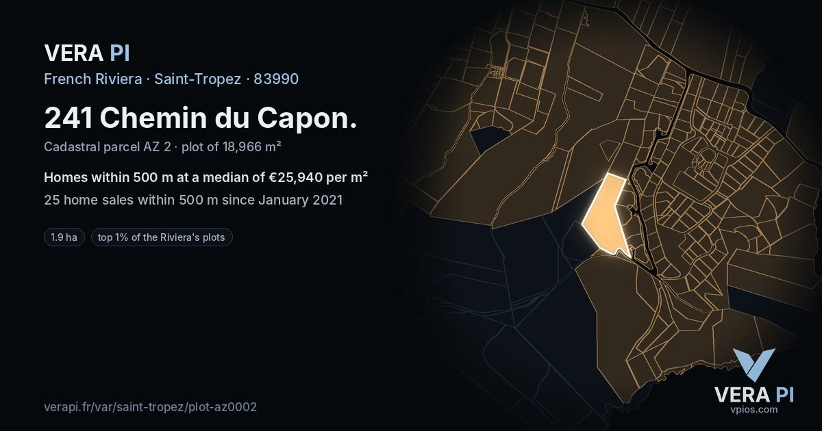 241 Chemin du Capon, Saint-Tropez at night – the plot lit, the parcels around coloured by the prices near them