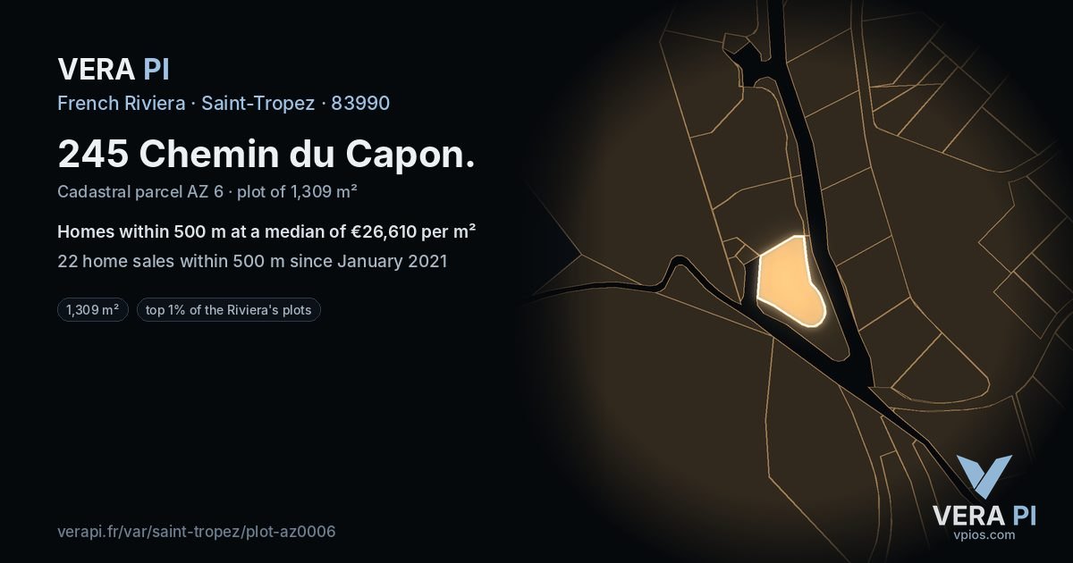 245 Chemin du Capon, Saint-Tropez at night – the plot lit, the parcels around coloured by the prices near them