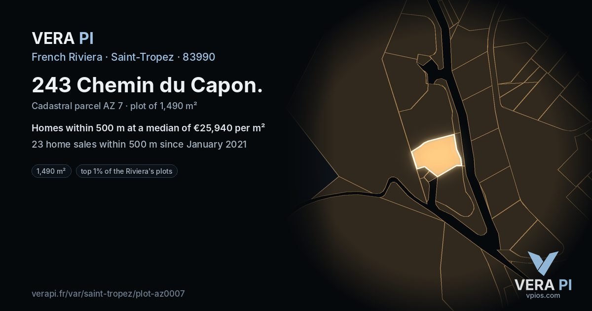 243 Chemin du Capon, Saint-Tropez at night – the plot lit, the parcels around coloured by the prices near them