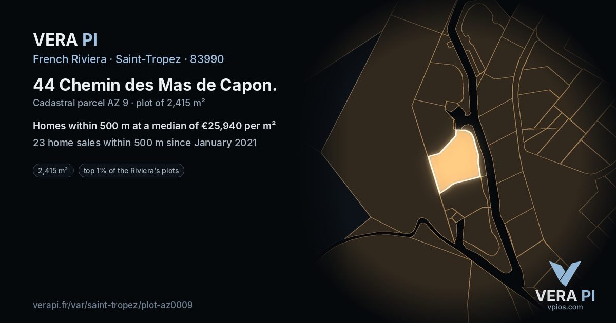 44 Chemin des Mas de Capon, Saint-Tropez at night – the plot lit, the parcels around coloured by the prices near them