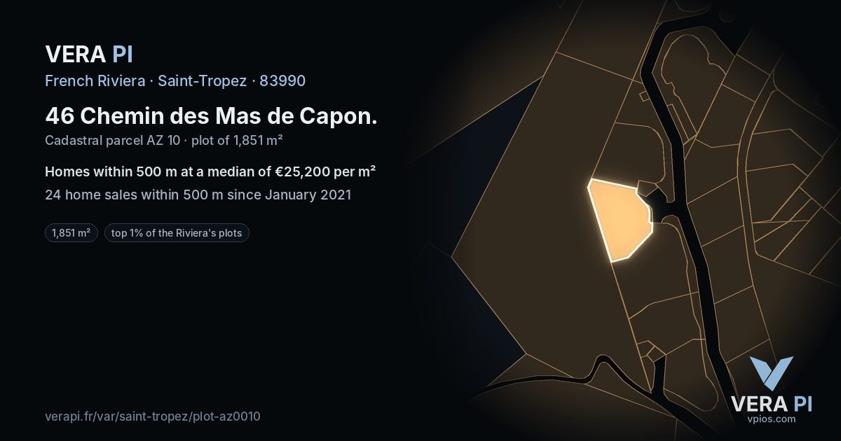 46 Chemin des Mas de Capon, Saint-Tropez at night – the plot lit, the parcels around coloured by the prices near them