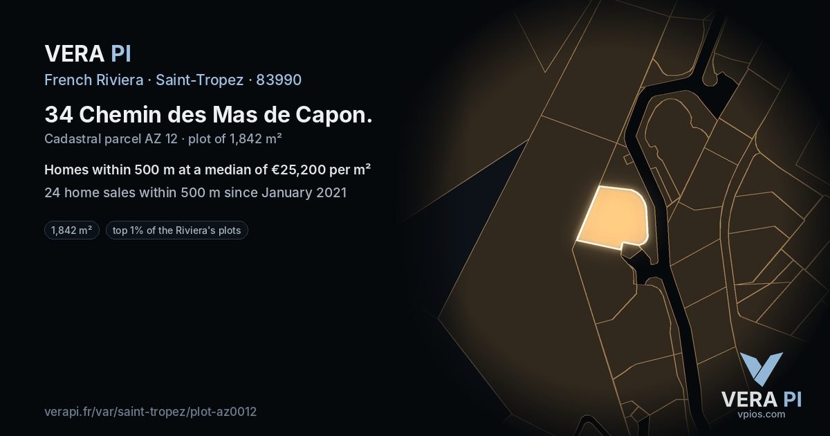 34 Chemin des Mas de Capon, Saint-Tropez at night – the plot lit, the parcels around coloured by the prices near them