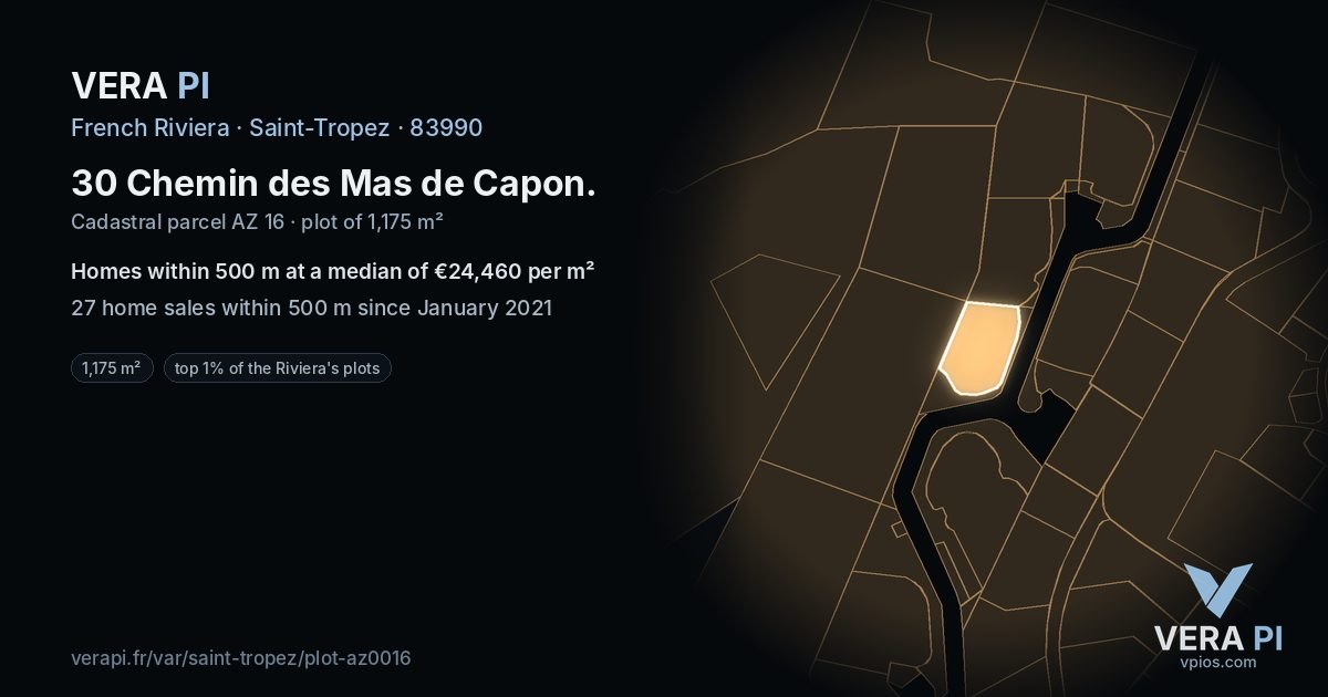 30 Chemin des Mas de Capon, Saint-Tropez at night – the plot lit, the parcels around coloured by the prices near them