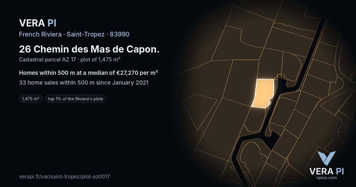 26 Chemin des Mas de Capon, Saint-Tropez at night – the plot lit, the parcels around coloured by the prices near them
