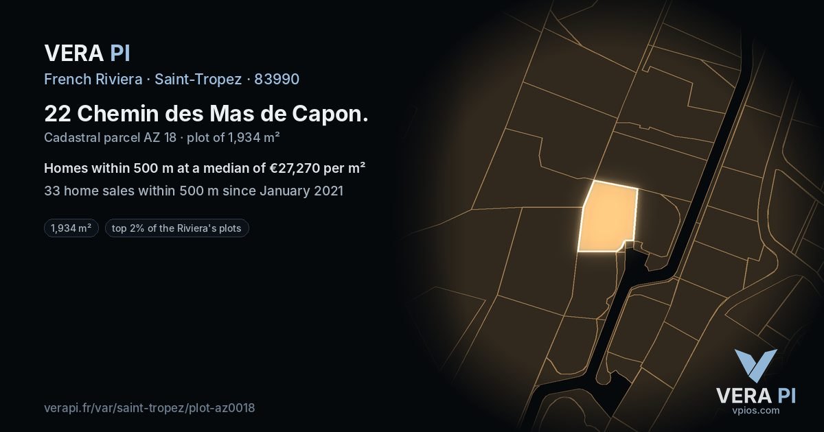 22 Chemin des Mas de Capon, Saint-Tropez at night – the plot lit, the parcels around coloured by the prices near them