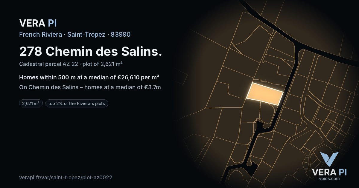 278 Chemin des Salins, Saint-Tropez at night – the plot lit, the parcels around coloured by the prices near them