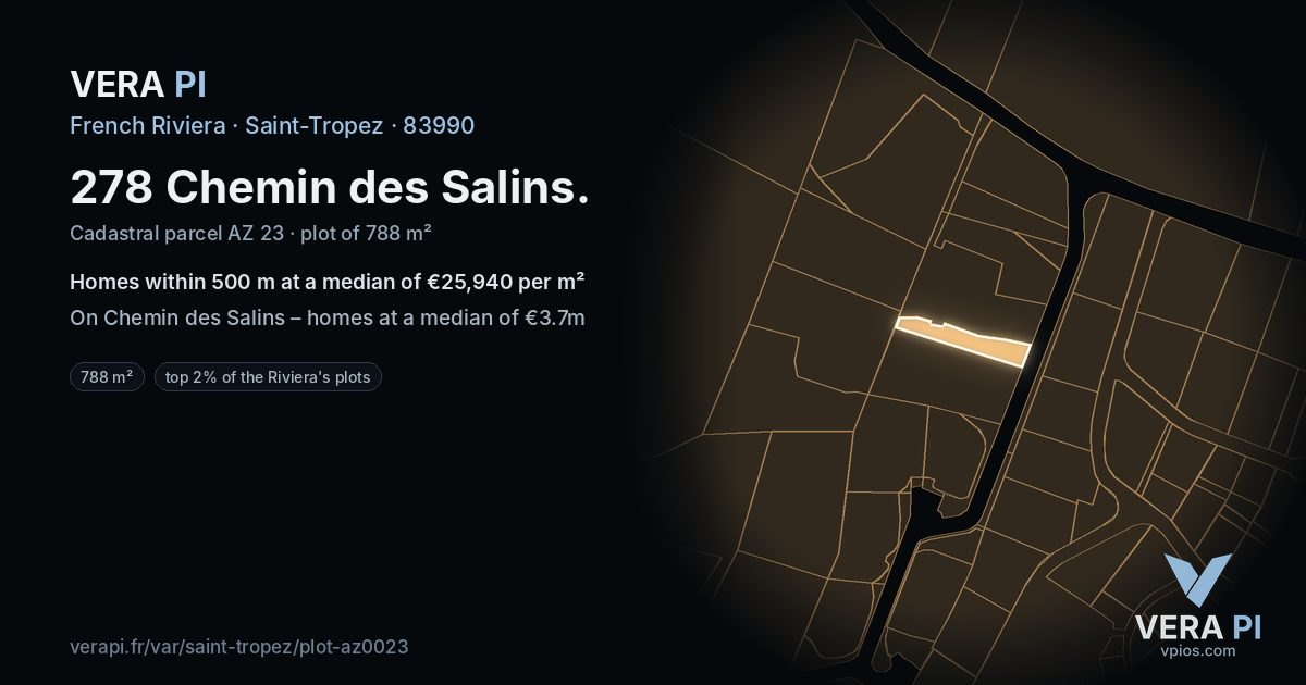 278 Chemin des Salins, Saint-Tropez at night – the plot lit, the parcels around coloured by the prices near them