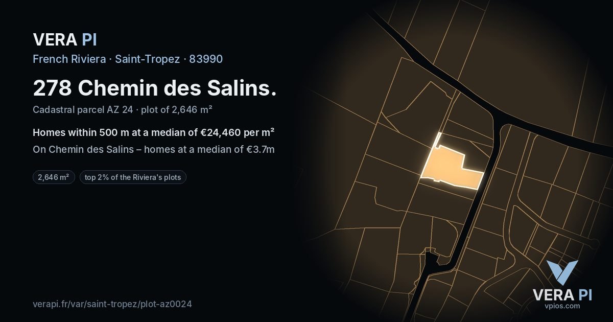 278 Chemin des Salins, Saint-Tropez at night – the plot lit, the parcels around coloured by the prices near them